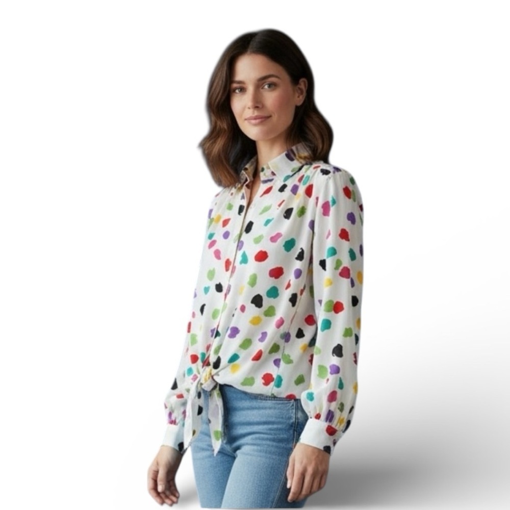 Vintage HELEN FABRIKANT NY Colorful Polka Dot Tie Front Blouse Button Up Small - Picture 4 of 11
